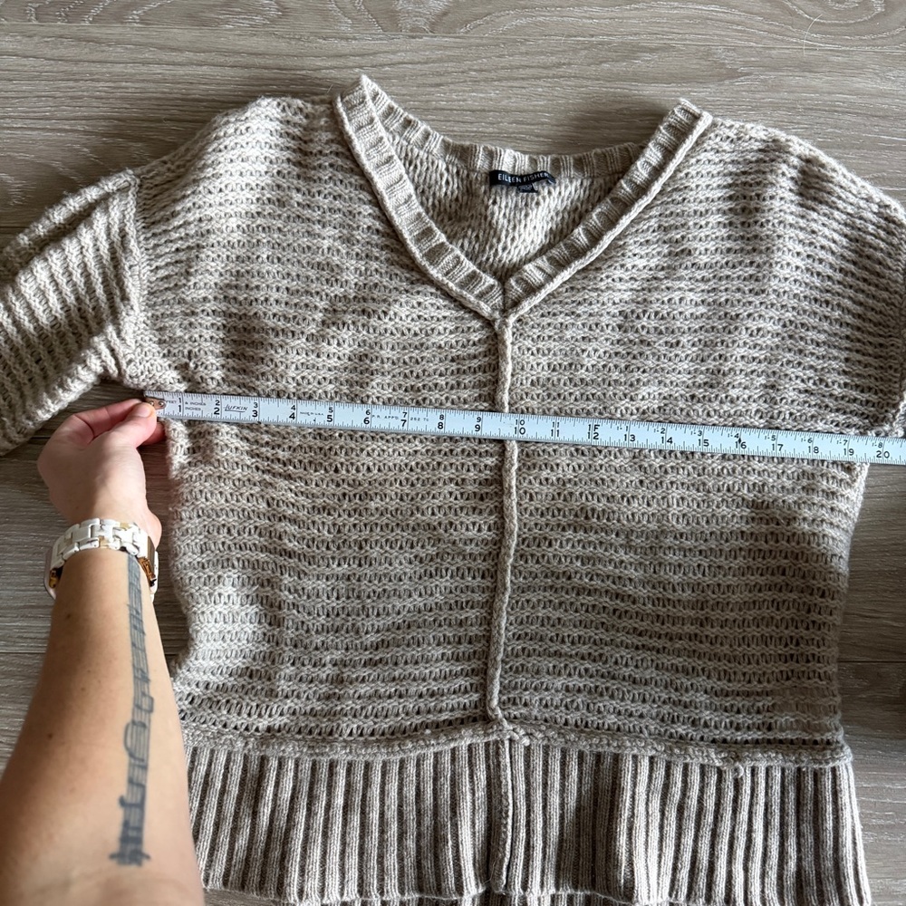 Eileen Fisher Vneck Yak Wool Open Knit Sweater Neutral Tan size Medium - Picture 7 of 9
